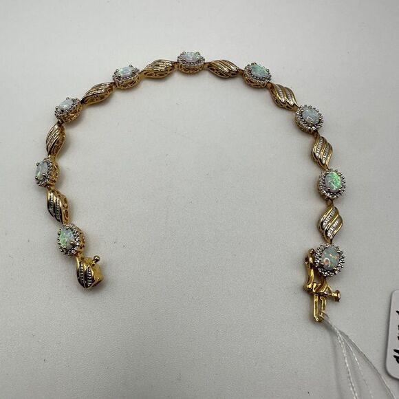 7" Lab created opal and diamond accent tennis bracelet in gold over 925! - Picture 8 of 16